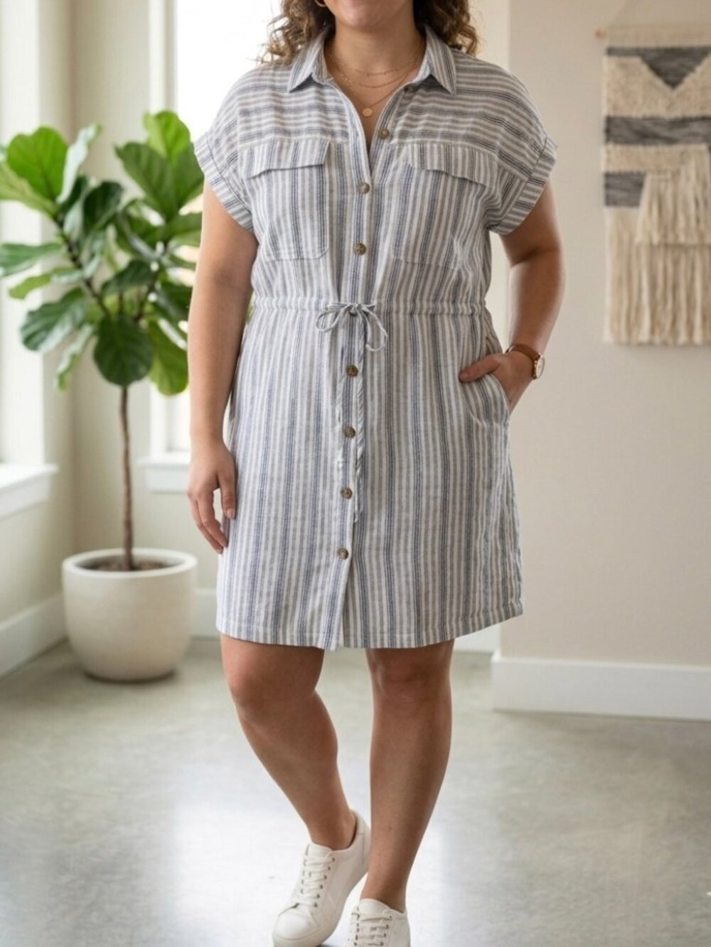 Time and Tru Striped Linen Blend Shirt Dress Sz 3X(22) Pockets Coastal Boho